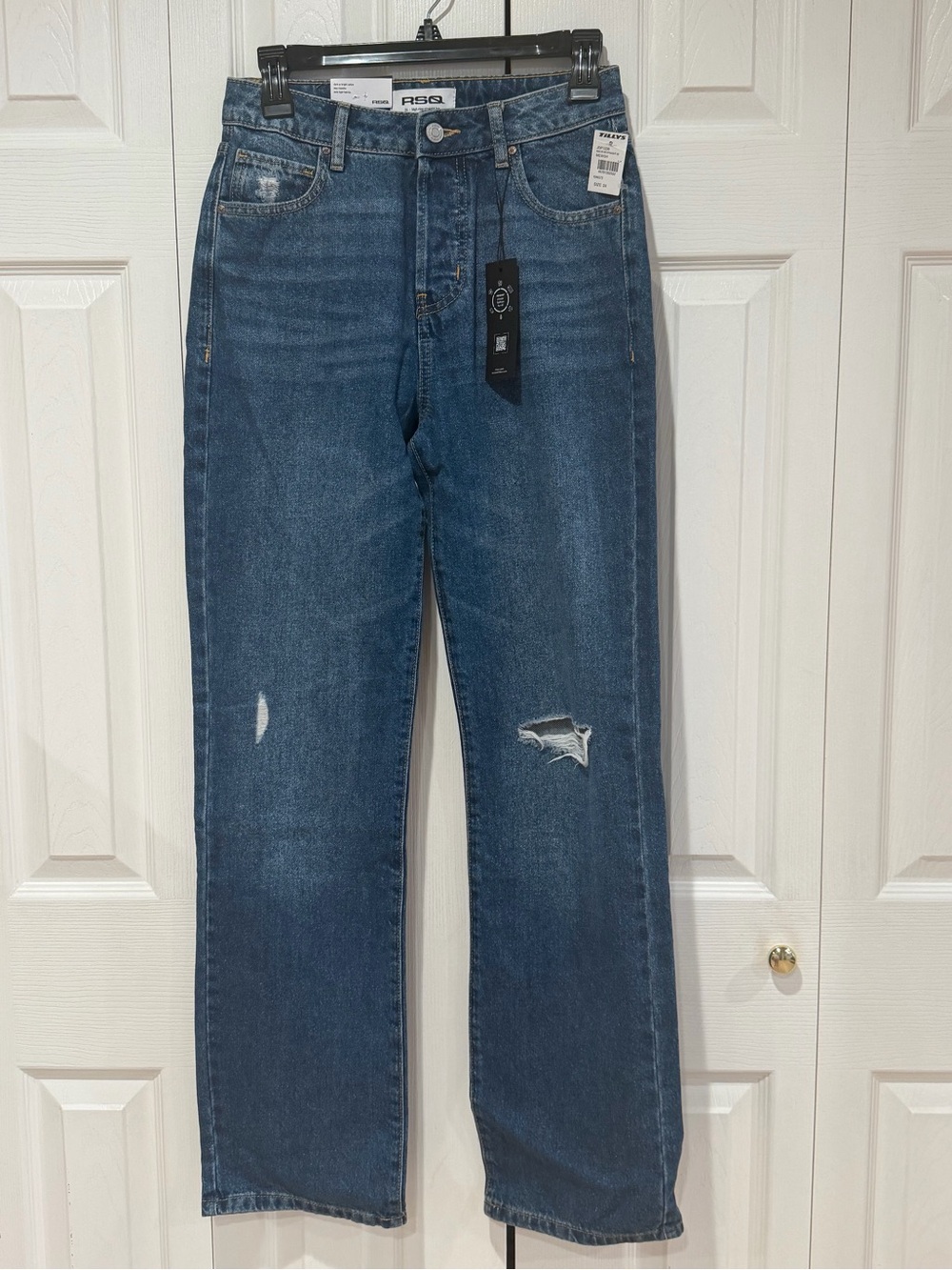 RSQ Women's Straight Leg Jeans in Medium Blue with Distressed Accents